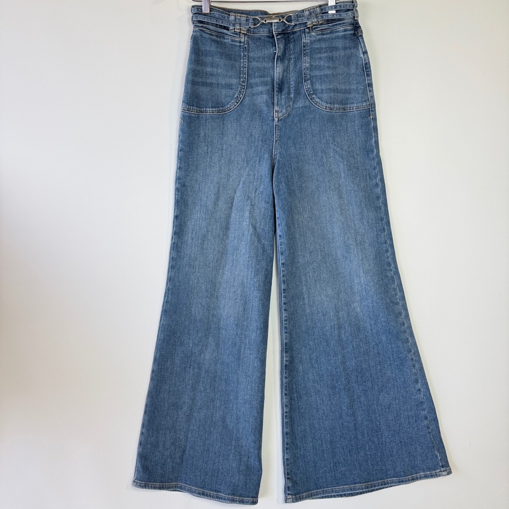 Pilcro Wide Leg Jeans Women 28 Blue High Rise Horsebit Buckle Patch Pockets - Picture 2 of 16
